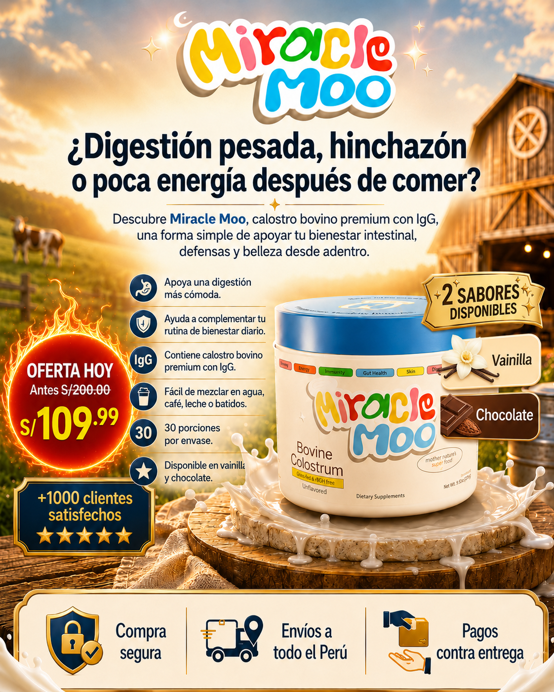Miracle Moo Calostro Bovino Premium para Bienestar Digestivo | 30 porciones